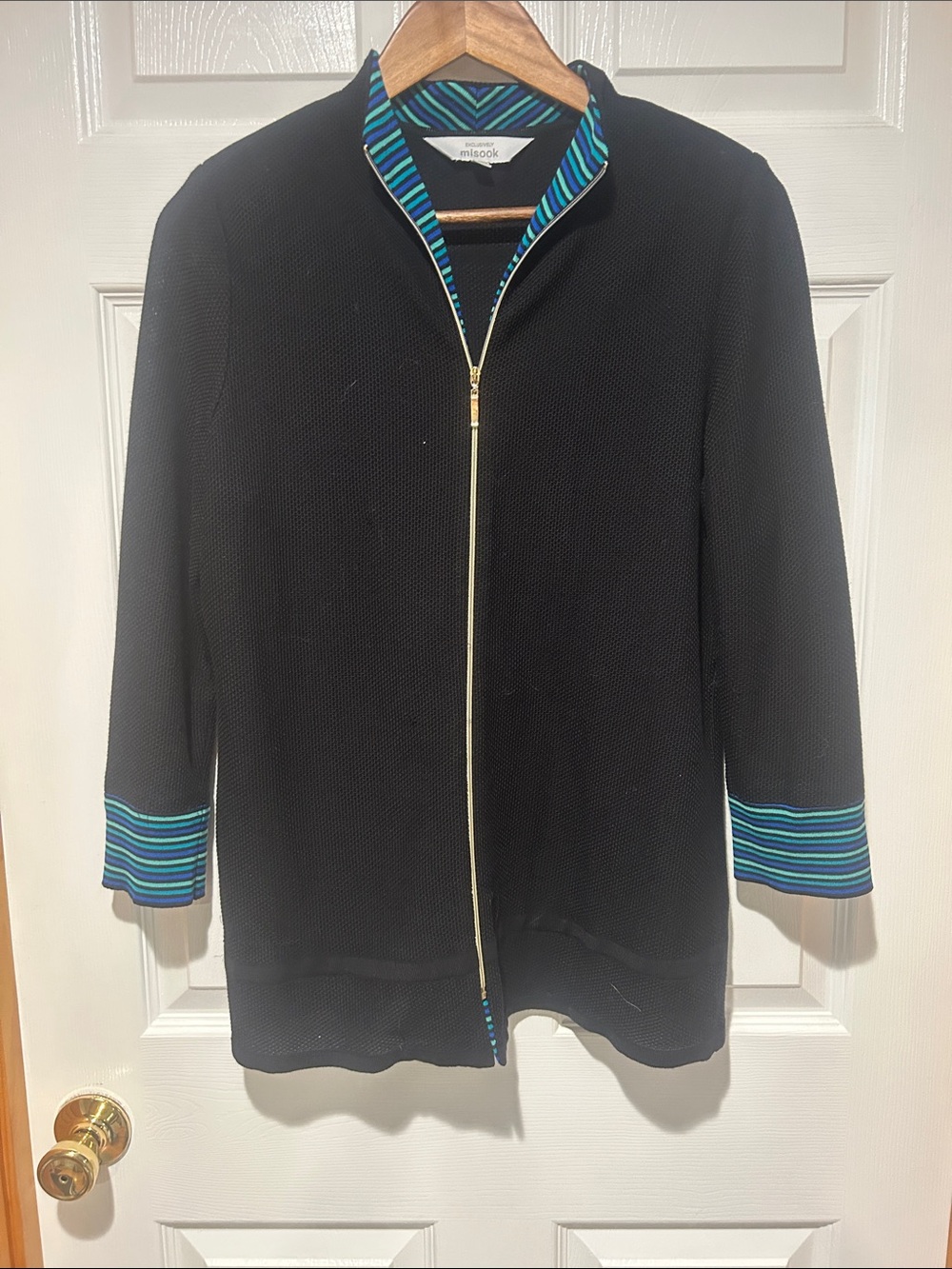 Black Zip-Front Knit Jacket with Blue/Teal Stripe Trim
